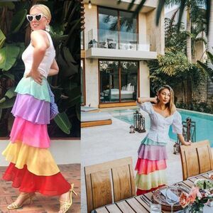 NEW Olivia Rubin Elodie Maxi Skirt Tiered Rainbow 100% Silk Ruffle High Waisted